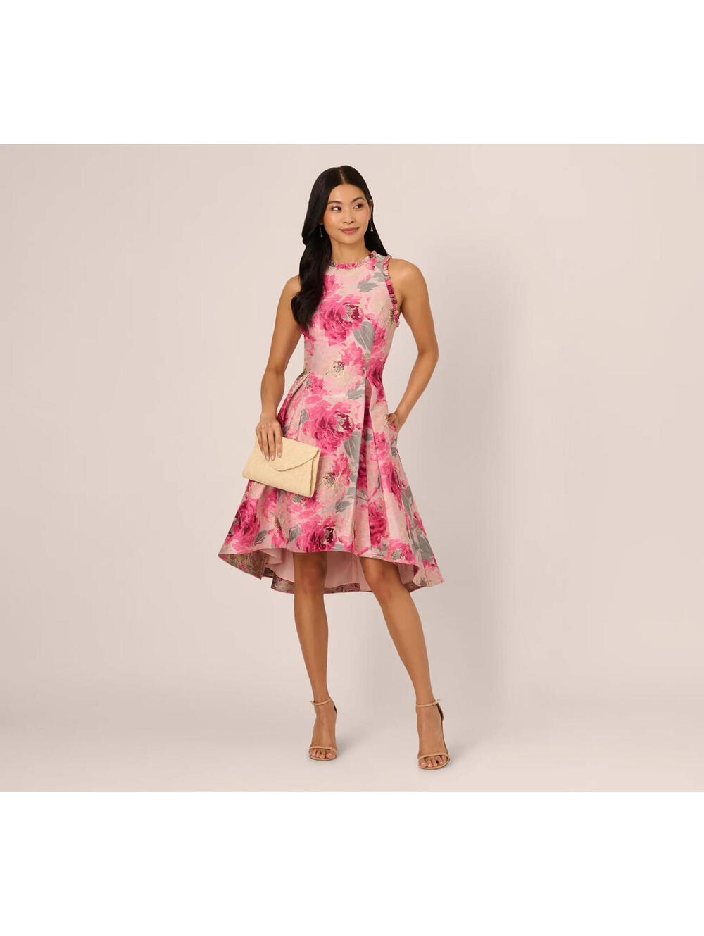 Adrianna Papell Sleeveless Floral Jacquard Fit Flare High Low Dress Pink sz 14